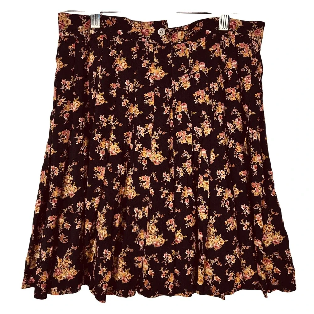 Banana Republic Vintage 90s Floral Pleated Rayon Skirt Brown Pink Womens‎ 8